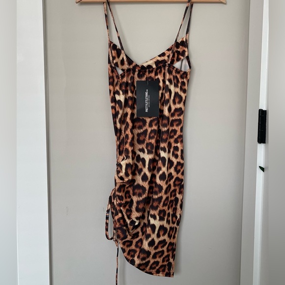 Tan Cowl Neck Leopard Print Ruched Side Bodycon Dress - Picture 2 of 4